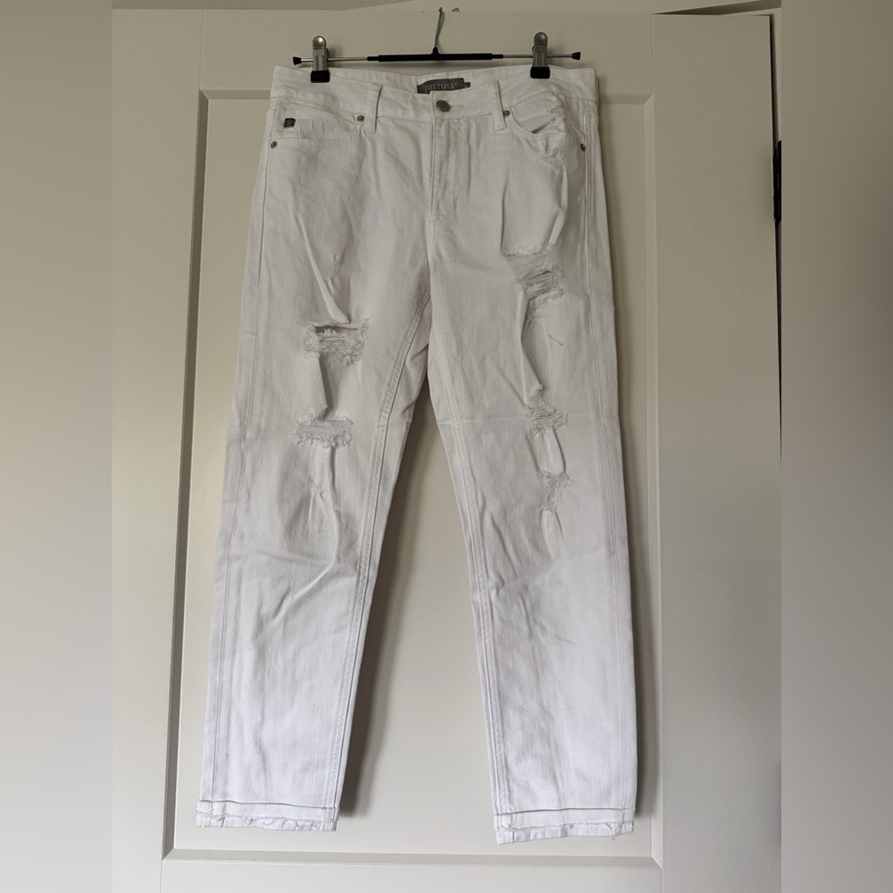 Just USA White Distressed Denim Straight Leg Pants